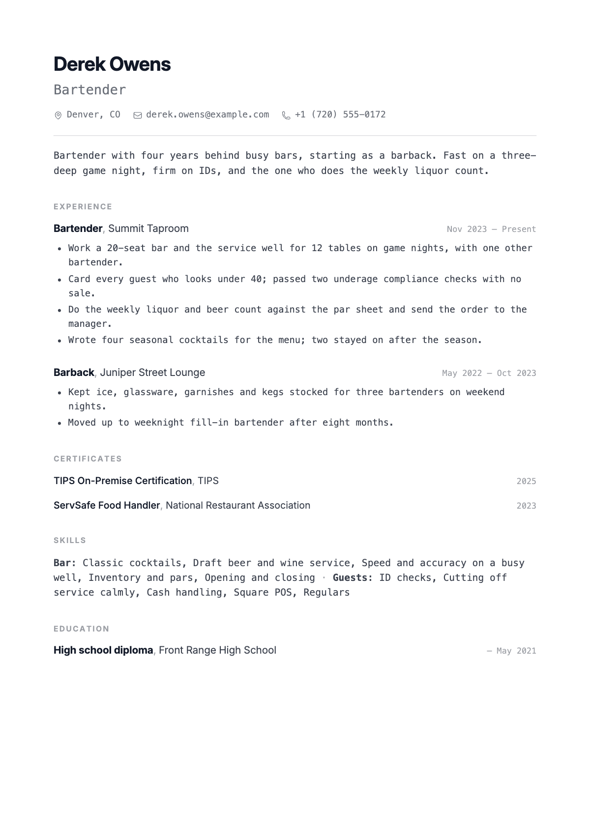 Derek's resume: barback at a lounge, then bartender at a sports bar, with his TIPS certificate on the page.