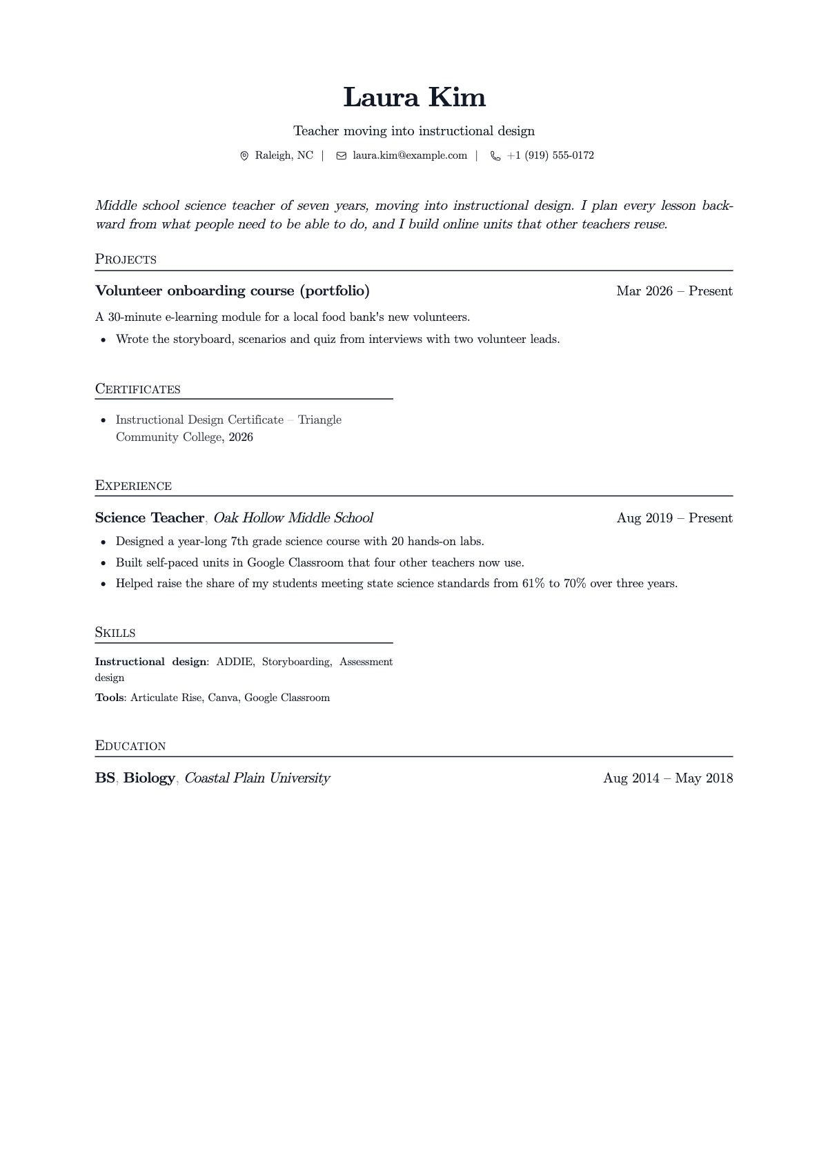 Laura's resume: a teacher moving into instructional design, with a summary that names the new job and her project and certificate above the teaching job.