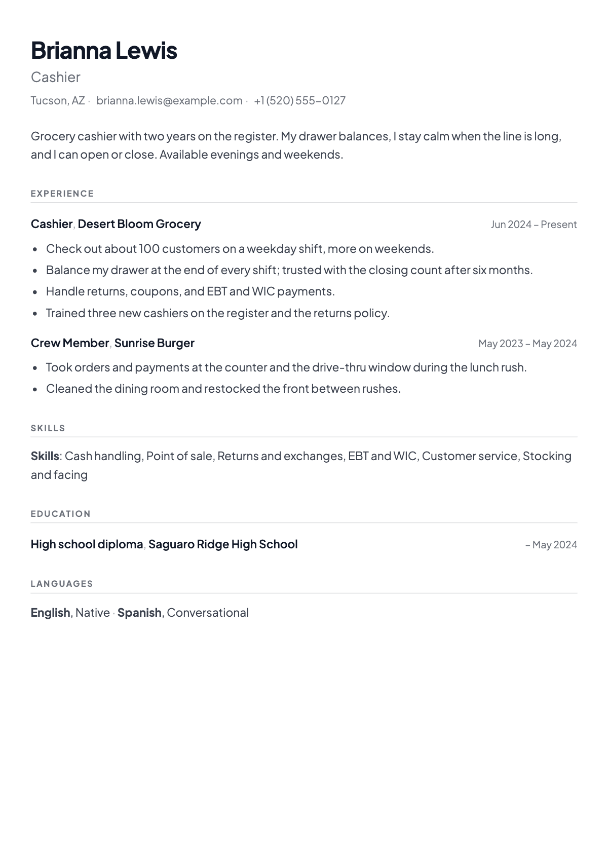 Brianna's resume: two years at a grocery store and a first job at a burger counter, on one page.