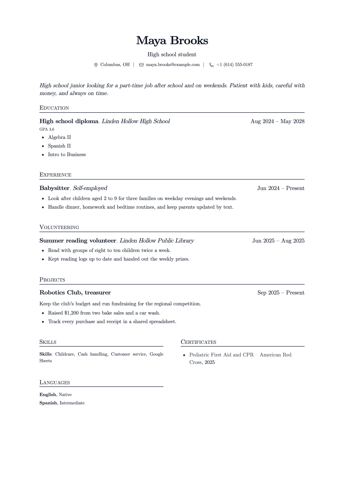 Maya's first resume: school, babysitting and volunteering. Bring a copy to your Chick-fil-A interview.