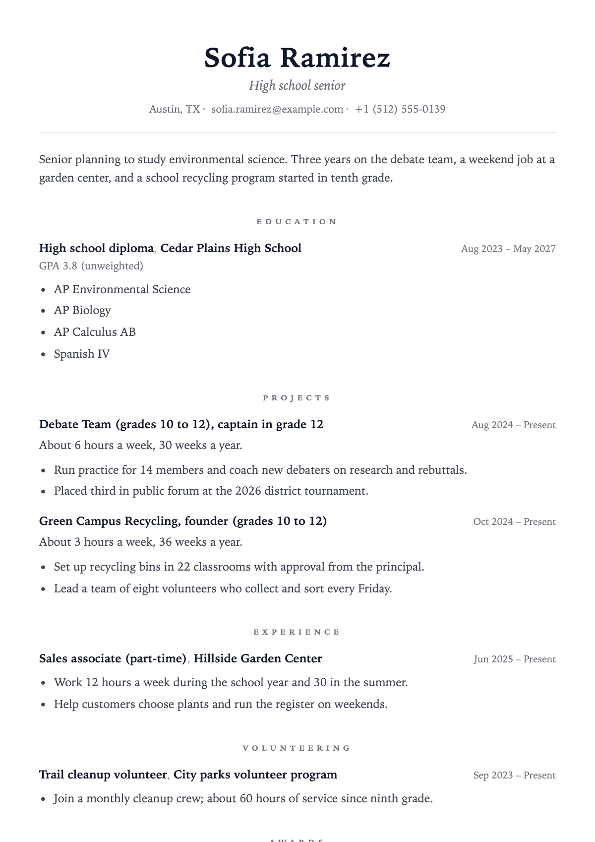Sofia's activities resume: grades and hours on every activity, a weekend job, service and awards, on one page.