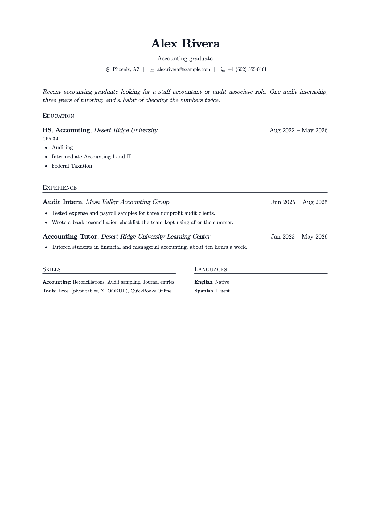 Alex's resume: a new accounting graduate with one internship, education first, on one page.