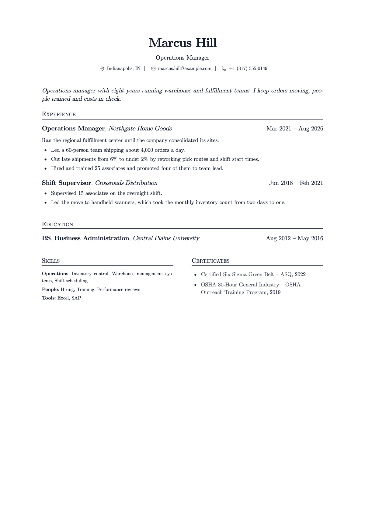 Marcus's updated resume: the latest job first with an end date and a one-line reason, older roles shorter, skills and certificates current.