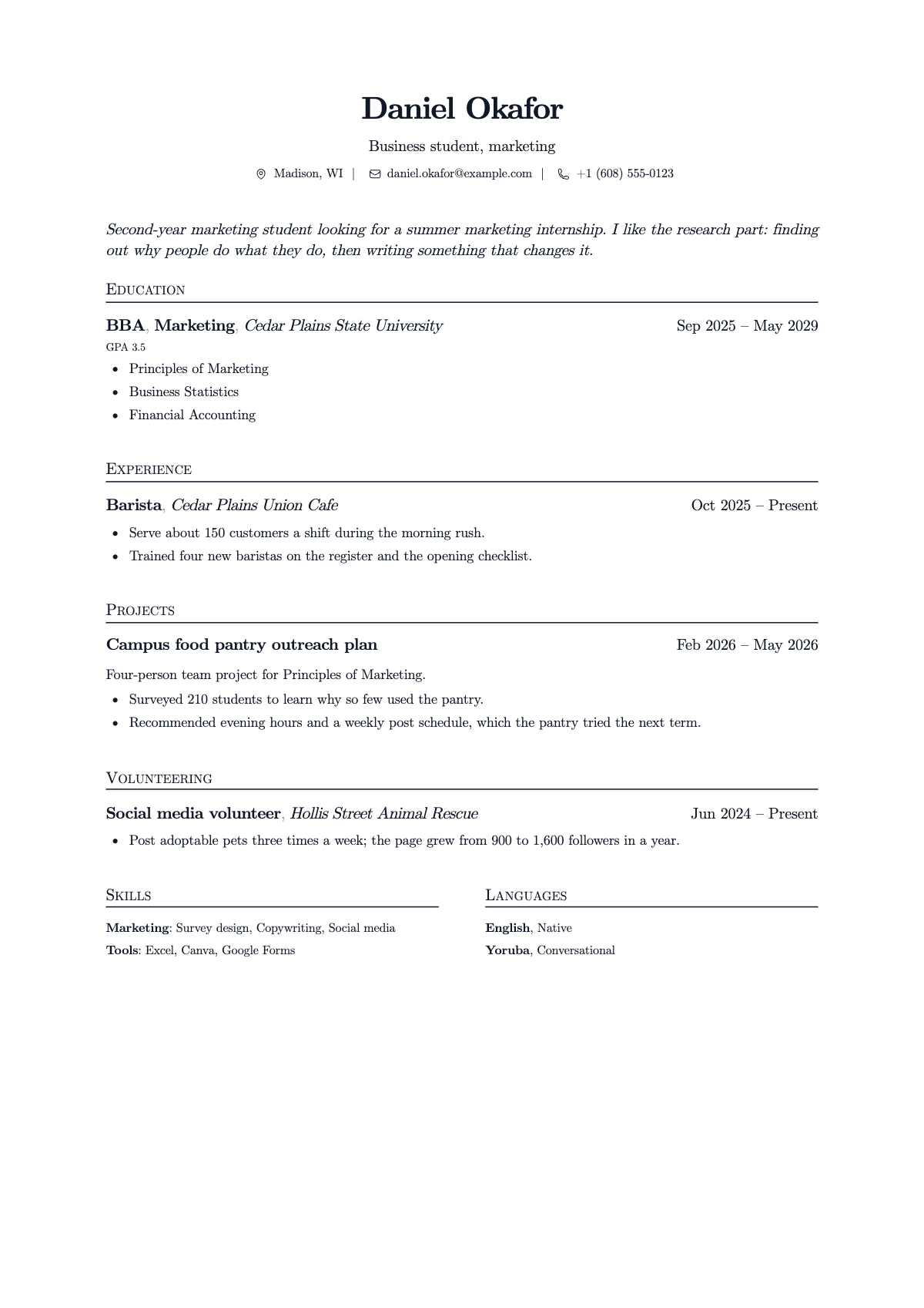 Daniel's resume: education first, then a part-time job, a class project and volunteering, on one page.