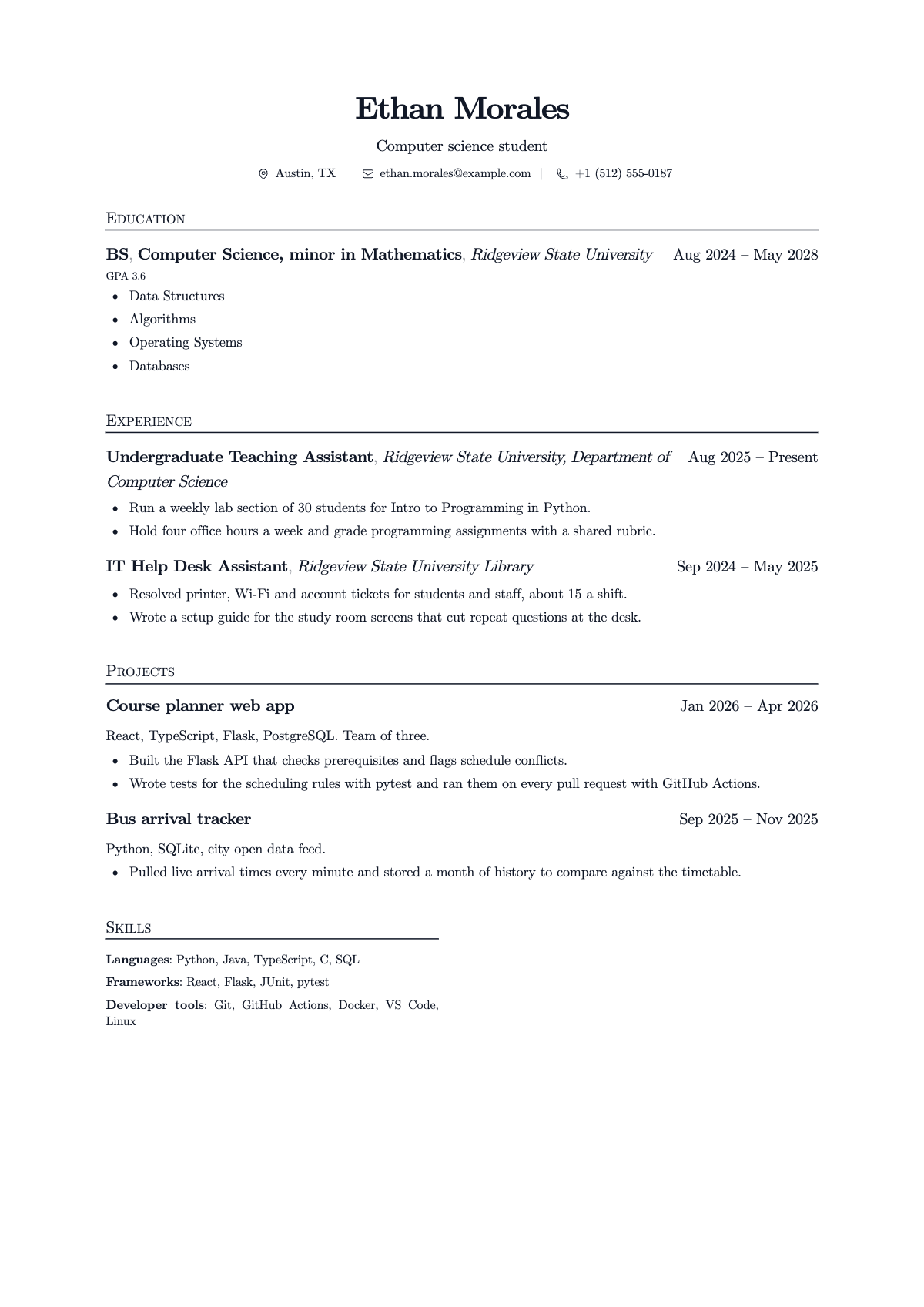 Ethan's resume on ResumeGood's LaTeX-style template: education, experience, projects and technical skills, on one page.