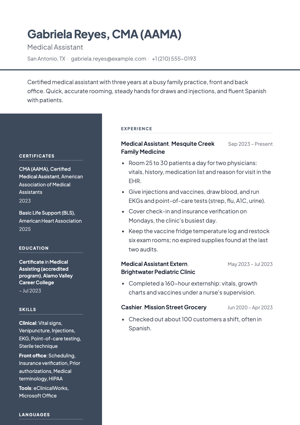 Gabriela's resume: three years at a family practice, clinical and front-office lines, credential after her name.