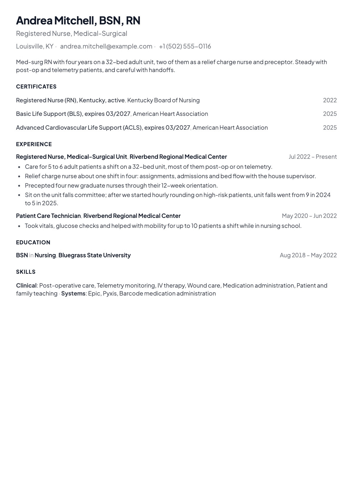 Andrea's resume: license and certifications on top, then four years on a med-surg unit.