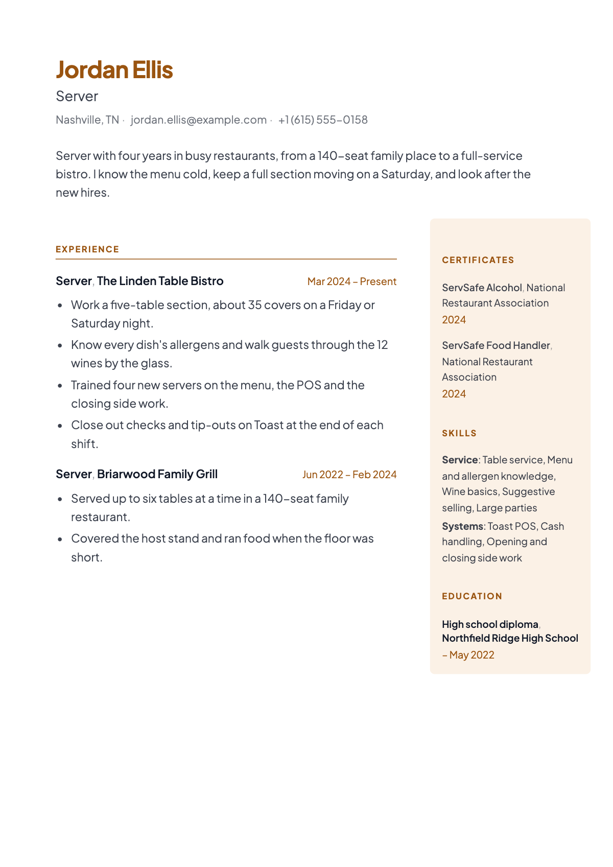 Jordan's resume: four years, a family restaurant then a bistro, with certificates near the top.