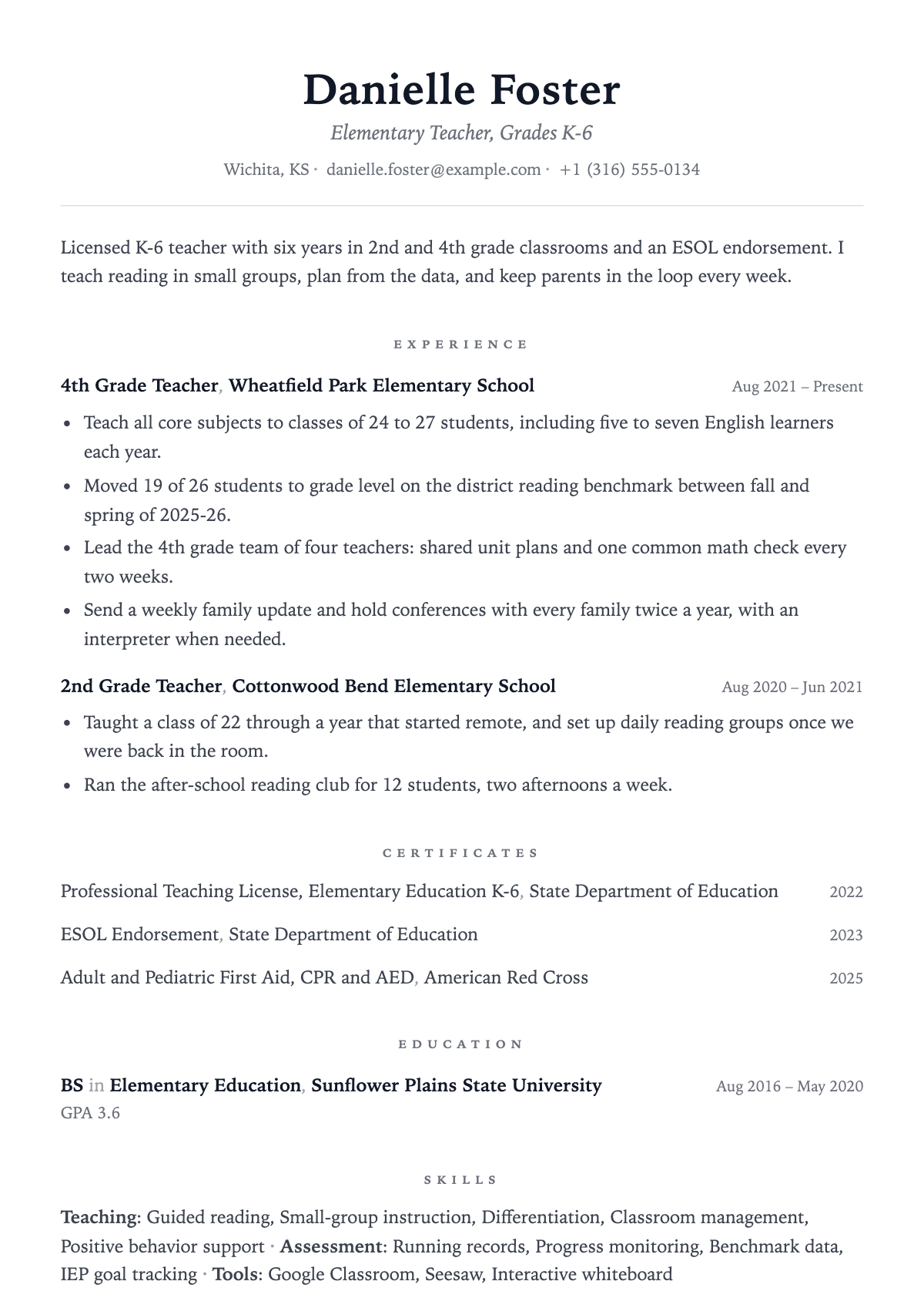 Danielle's resume: six years in grades 2 and 4, license and endorsement right under her experience.